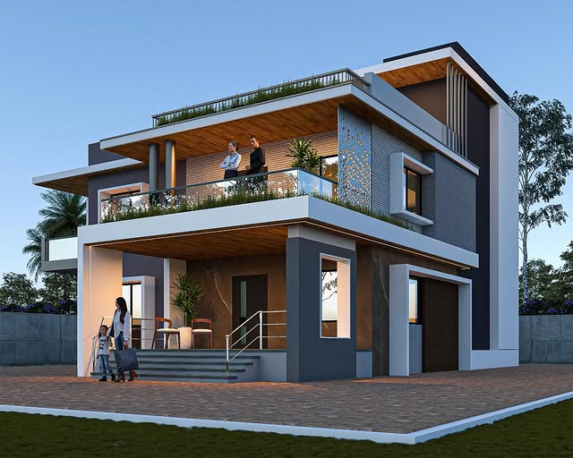 Luxury Modern House Painting Design with Wooden Finish & Grey Theme in Belgaum - Painting Services | Swapnapurti Paints