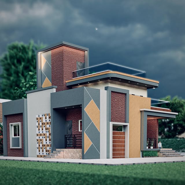 Modern Exterior House Painting with Brick Texture & Geometric Design in Belgaum - Painting Services | Swapnapurti Paints