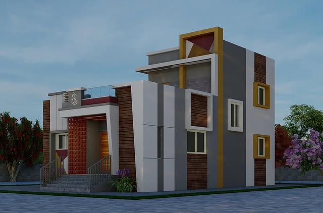 Modern House Exterior Painting with Grey, White & Yellow Accent Design in Belgaum - Painting Services | Swapnapurti Paints