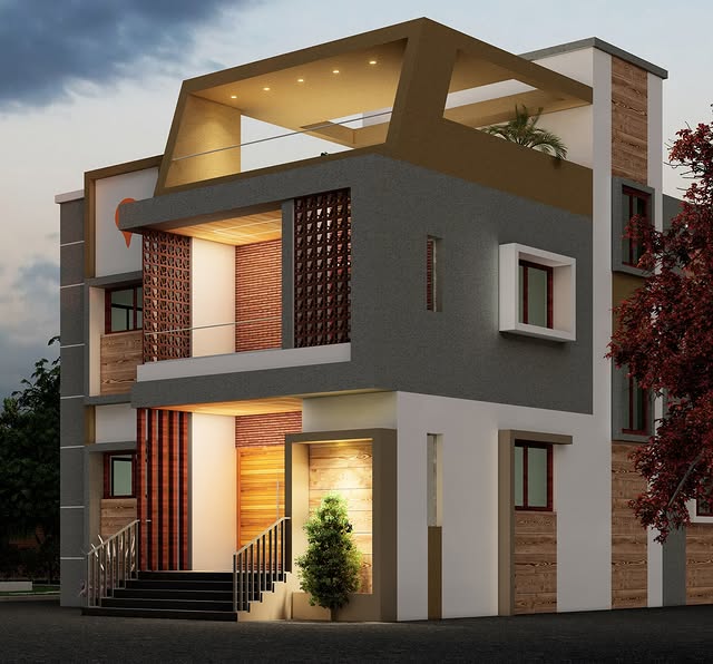 Modern House Exterior Painting with Grey, White & Wooden Finish in Belgaum - Painting Services | Swapnapurti Paints