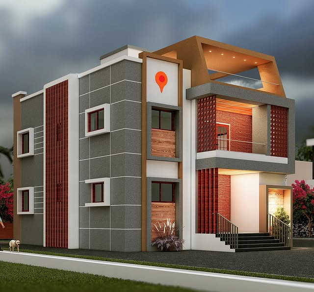 Modern House Exterior Painting with Vertical Panel Design & Wooden Finish in Belgaum - Painting Services | Swapnapurti Paints