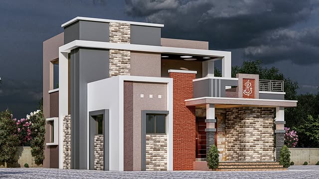 Elegant Exterior Wall Design with Stone Cladding & Terracotta Finish in Belgaum - Painting Services | Swapnapurti Paints