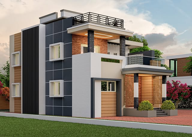 Latest Exterior House Painting Design with Texture & Brick Finish in Belgaum - Painting Services | Swapnapurti Paints